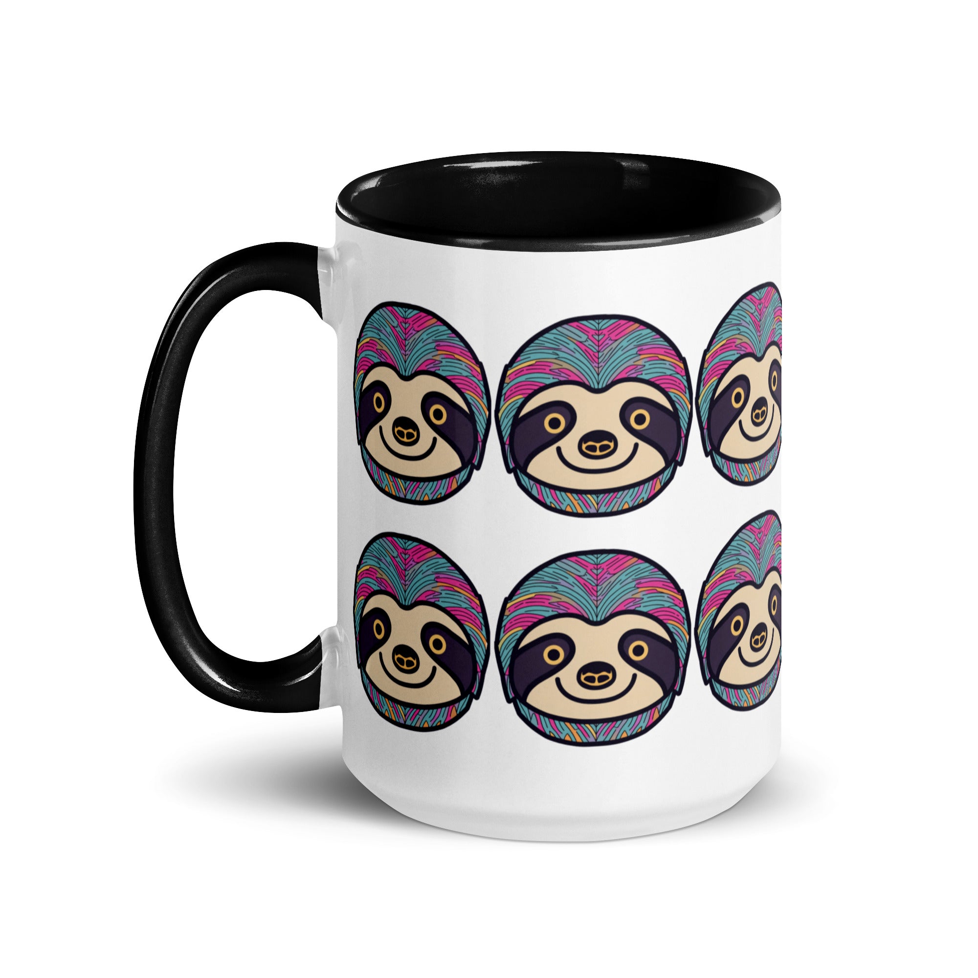 5oz black-handled ceramic mug featuring colorful, happy sloth illustrations. Perfect for tea lovers seeking a fun, laid-back, and relaxing tea experience.